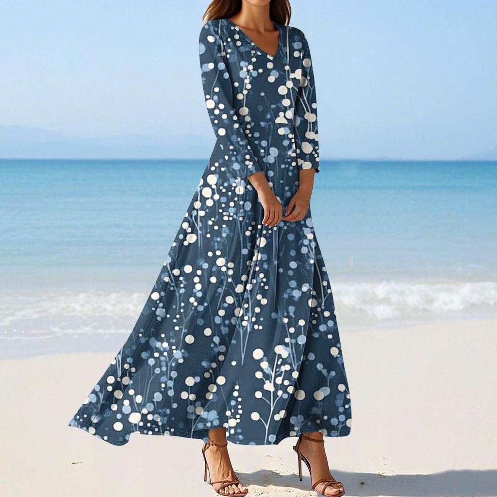 Vestidos de Praia Flutuantes com Decote em V da Moda Feminina, Vestidos Estampados Florais de Sete Mangas