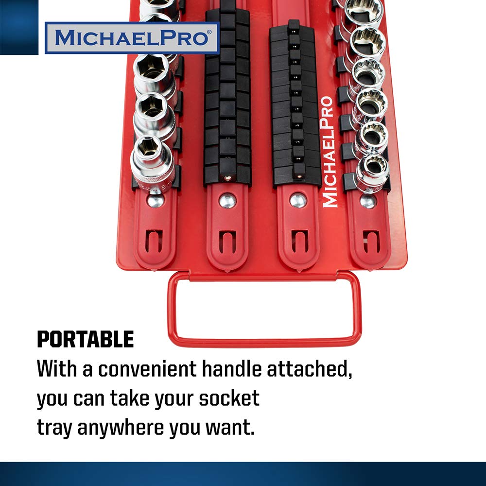 MichaelPro Portable Socket Organizer Tray with Premium Red Steel Rails for and Drive Rack for Easy Organization 80-Piece 1/4", 3/8", 1/2" Sockets,