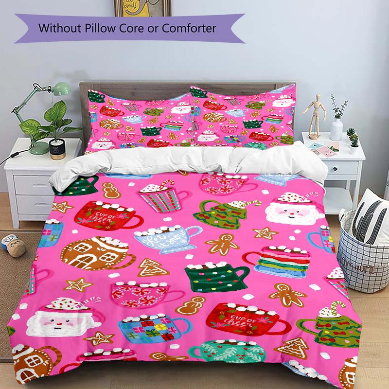 3Pcs Christmas Hot Chocolate Bedding Set Quilt Cover Pillowcase Home Christmas Halloween Gift 1 Duvet Cover 2 Pillowcase S1163