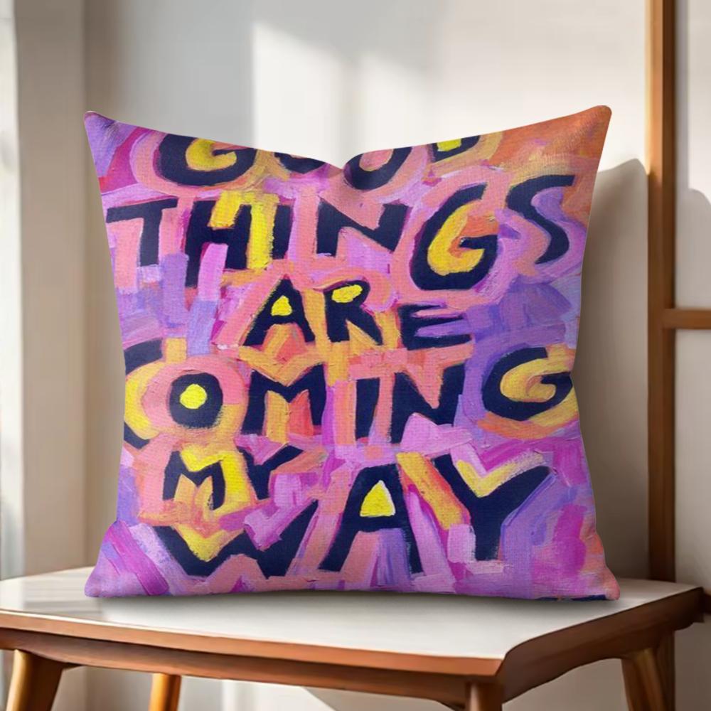 Creative Watercolor Words Cushion Cover Natural Linen Organic Fabric DoubleSided Printing Couch Pillow Covers Home Decor