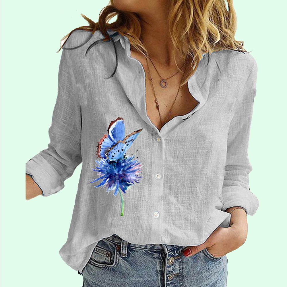 Women Fashion Lapel Neck Long Sleeve T-shirt Summer&fall Casual Floral Print Cotton Linen Top Female Loose Buttoned Blouses