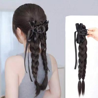 Chinese-style Hair Extensions Clips, Double Ponytail Bow Braids, Twisted Braid Headband Artificial Hair Accessories