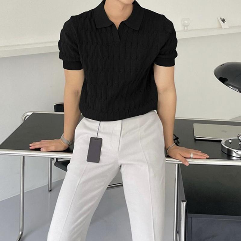 Men's Knitted Jacquard Polo Shirt Casual Stripe V Neck Solid Color Short Sleeve T Shirt Breathable Light Luxury Clothing