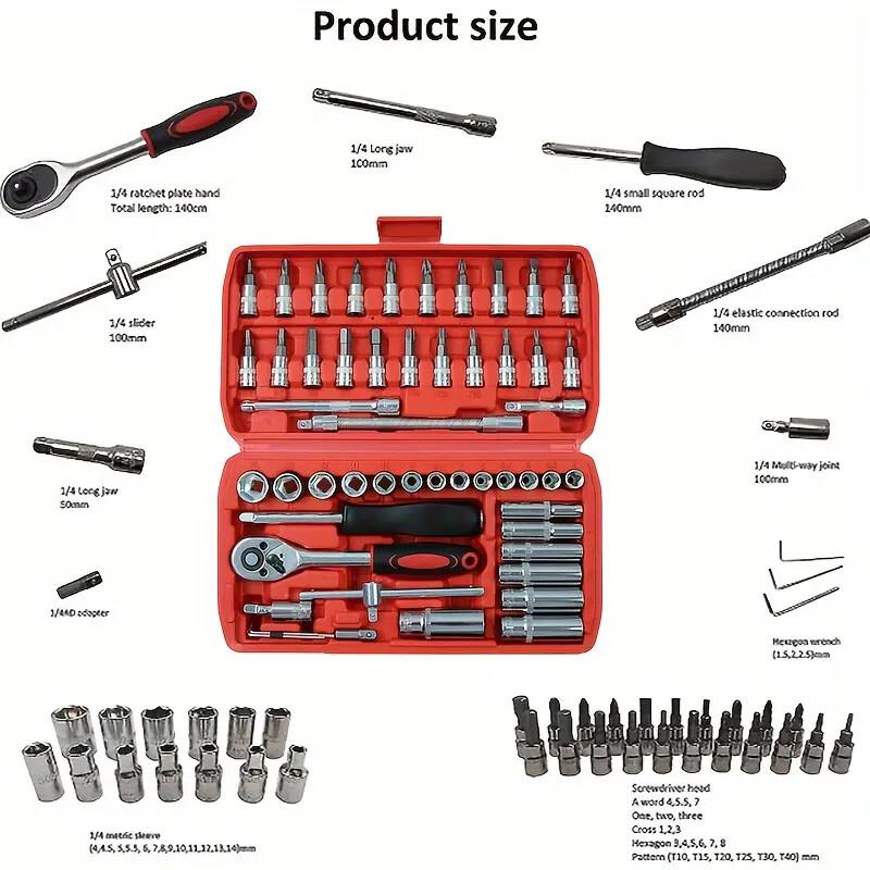 1/4 Inch Drive Socket and Ratchet Set, 6-Point Socket Opening, 53Pieces Tool Set SAE and Metric, Deep and Standard Sockets-001