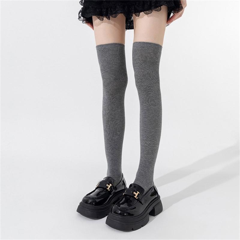 Women Solid Color Ribbed Cuffs Thigh High Stockings Japanese Preppy Students Stretchy Over The Knee Long Boot Socks