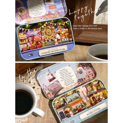 moin moin Dollhouse Miniature DIY Kit Set [Japanese Instructions Included] World Traveling Cat in Trinket Box | LED Light + Display Stand/Paris Walk