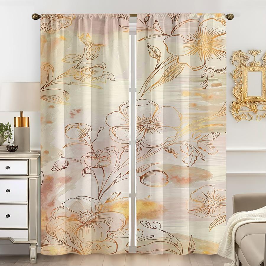 2PCS, Multicolor, Watercolor Floral Print with Gold Line Art Accents Curtains, for Bedroom and Living Room, Rod Pocket Style