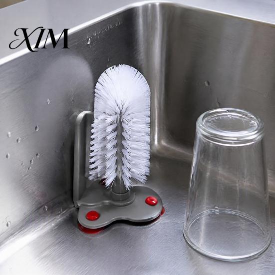 Hand Free Cleaner Suction Cup Bottle Brush, Wall Mounted Rotating Cleaning Scrubber, Plastic Home Kitchen Gadget Thick Bristles Sink Accessory