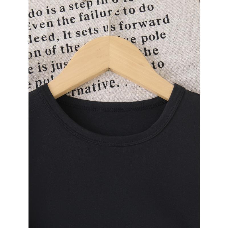 European Size Boys Black T Shirt Casual Summer Fashion with Pink Letter Print Comfy Short Sleeve Crew Neck