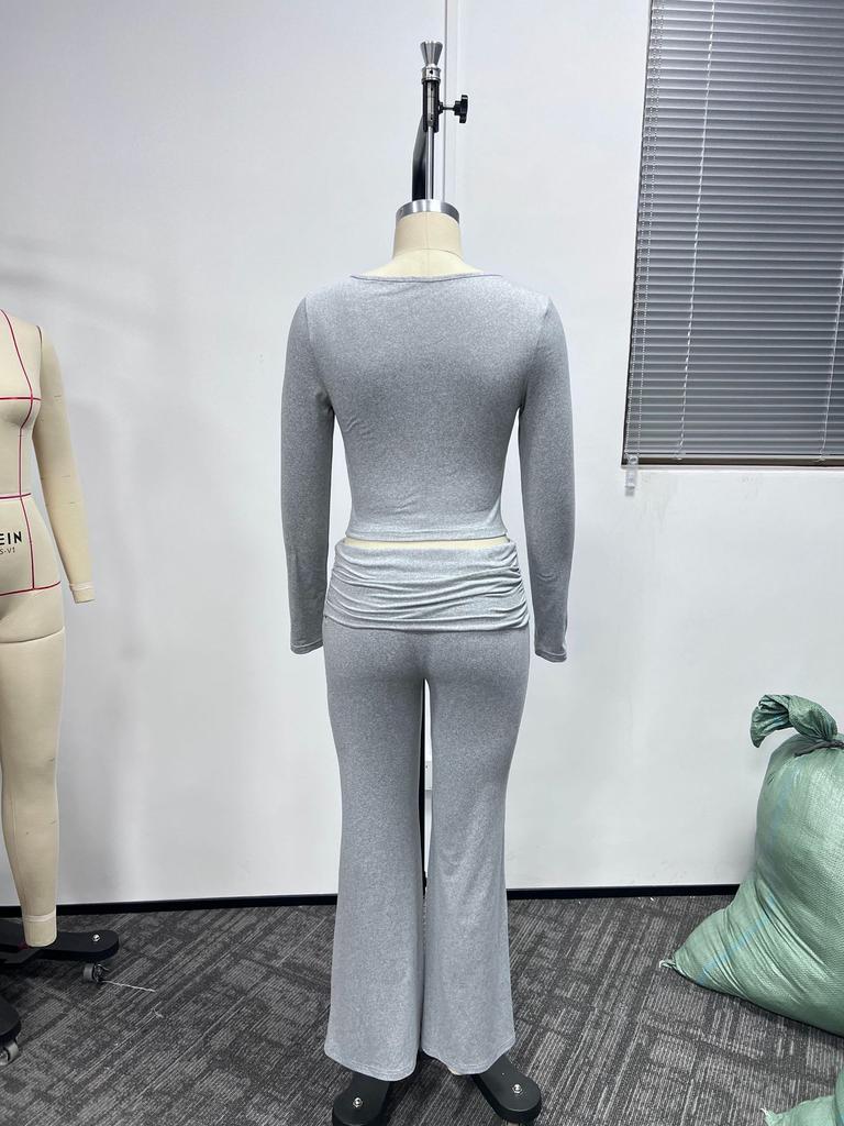 Autumn Women Deep V Neck Flared Pants Sport Casual Set For Women