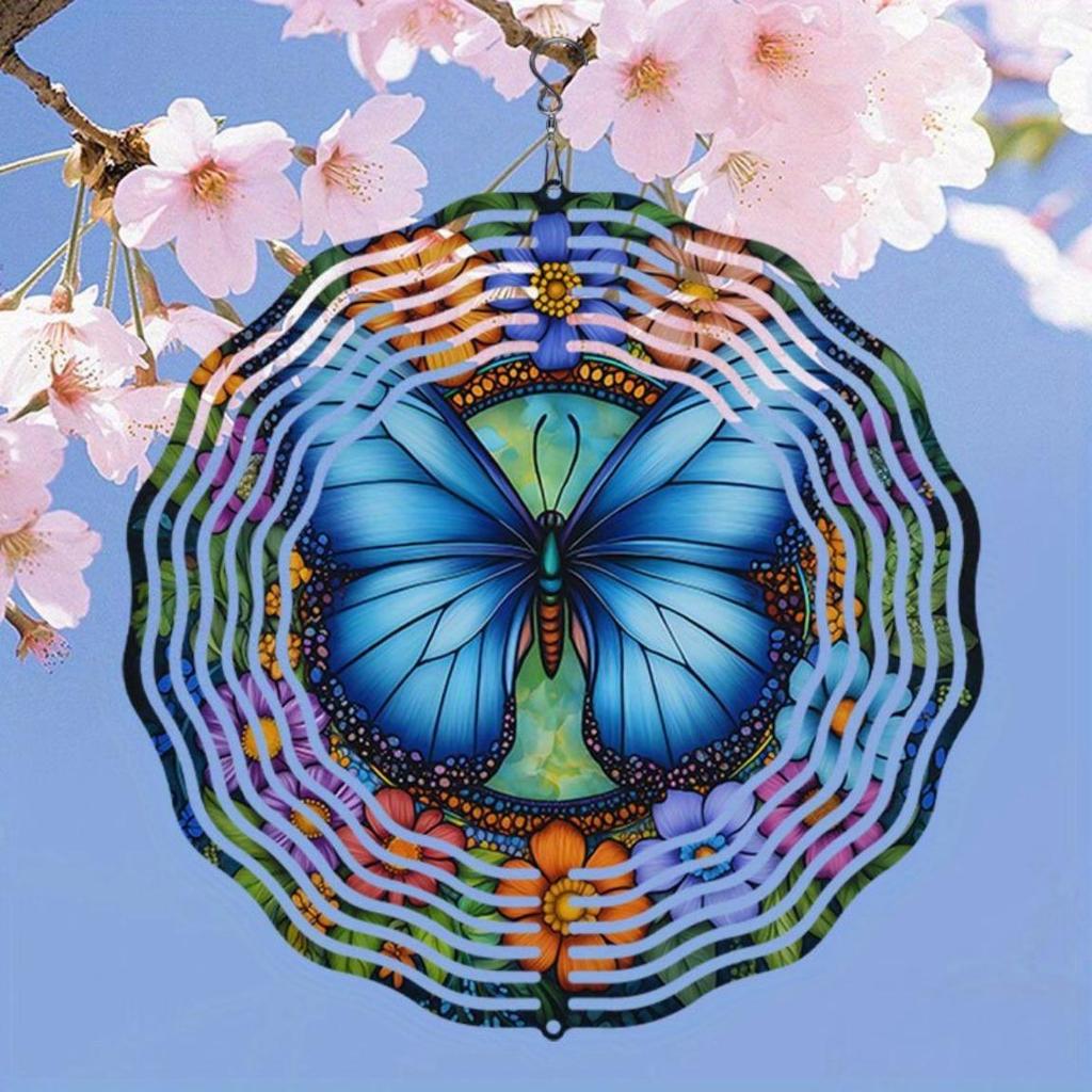 Metal Wind Spinner with Blue Butterfly and Multicolor Floral Design 2D Kinetic Garden Decor Outdoor Art Creative Gift for Home and Garden