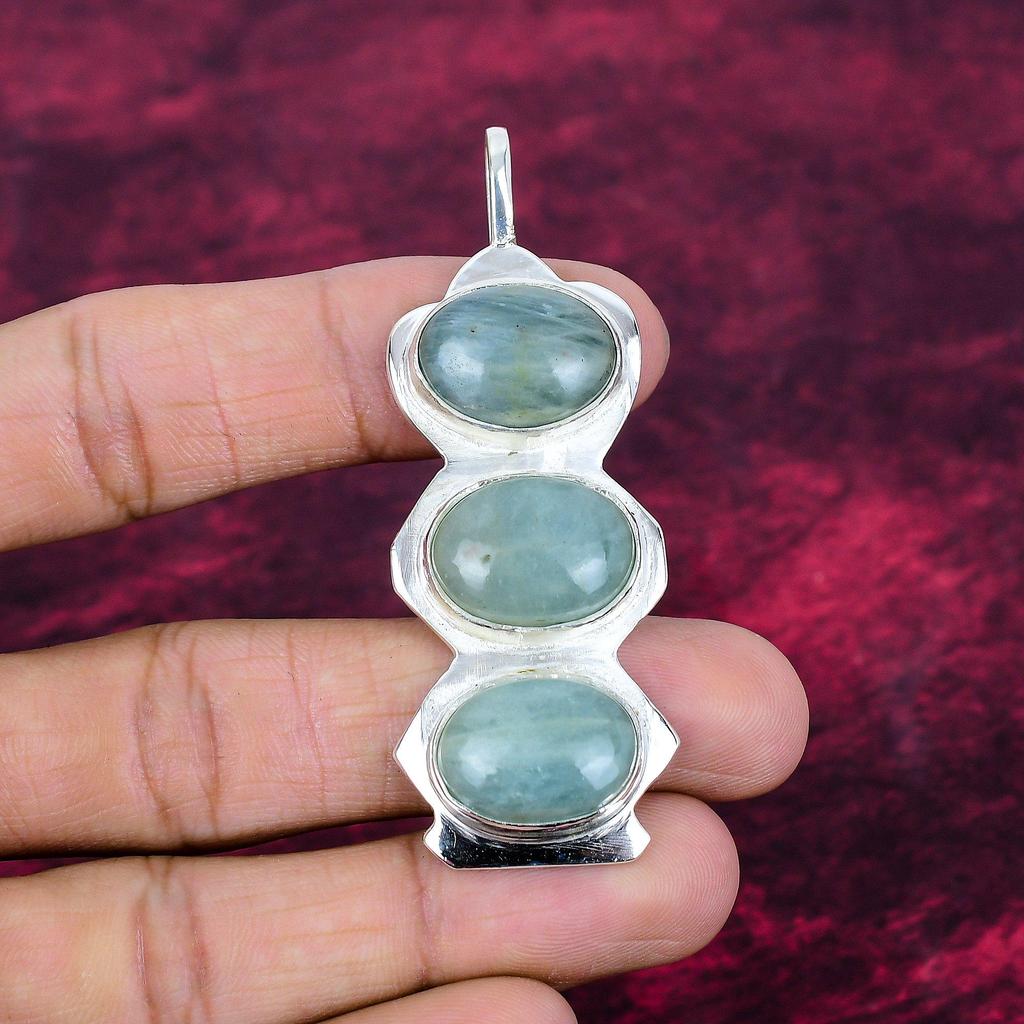 Aquamarine Gemstone Pendant, 925 Solid Sterling Silver Pendant Jewelry, Handmade Antique Jewelry Gift For Mother