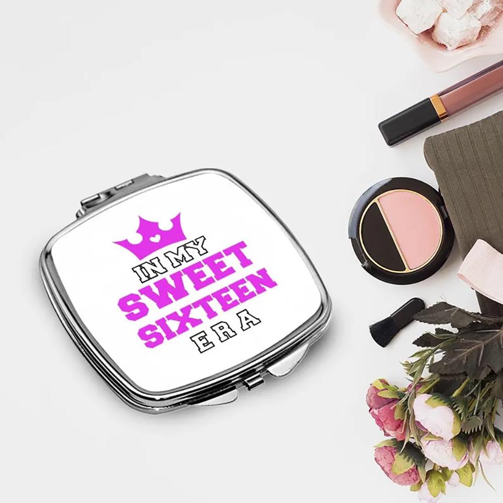 In My Sweet Sixteen Era Handheld Mirror Compact Travel Makeup Mirror 16th Birthday Party Women Portable Beauty Accessory Gift 1PCS6.5X6.5X0.8cm