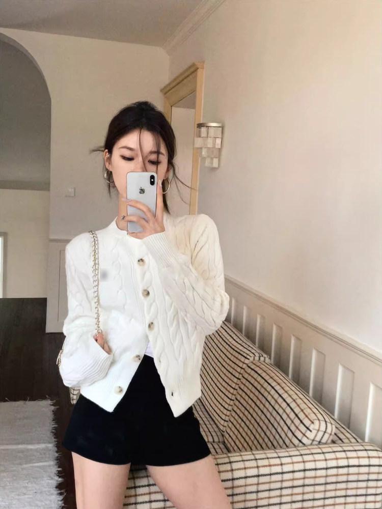 Korean Style Embroidered Pony Logo Knit Cardigan, Versatile Autumn Winter Round Neck Cable Sweater for Women