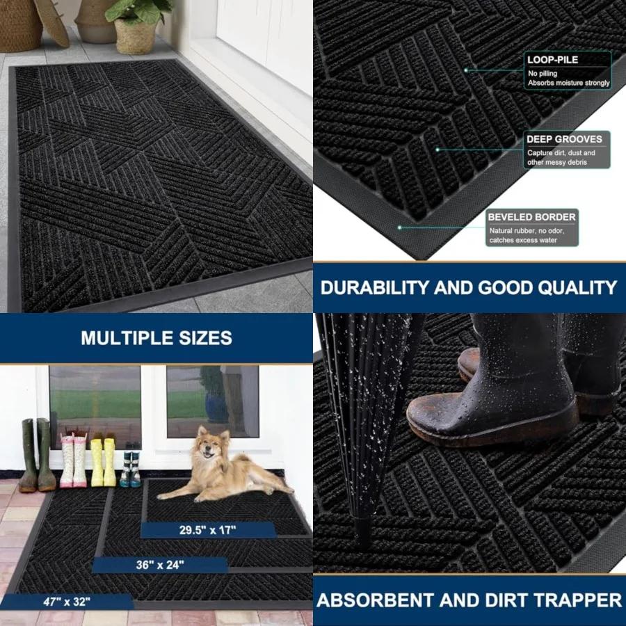 Front Door Mat Outside Entrance, Heavy Duty Sturdy Natural Rubber Doormat, Trap Dirt and Moisture, Easy Clean Low Profile Mats
