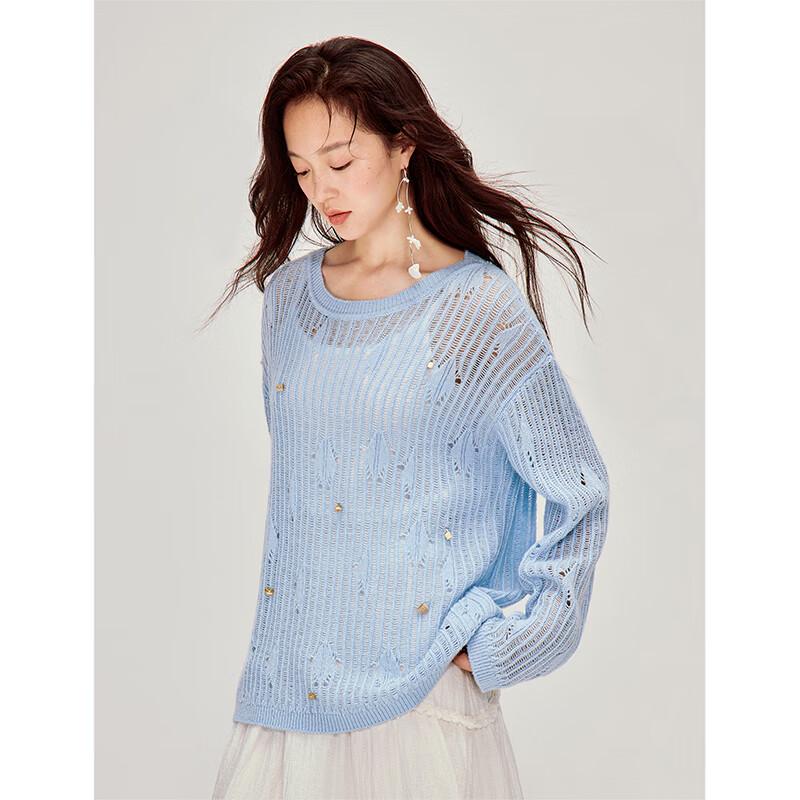 INMAN French Hollow-Out Soft Round Neck Knit Pullover Sweater