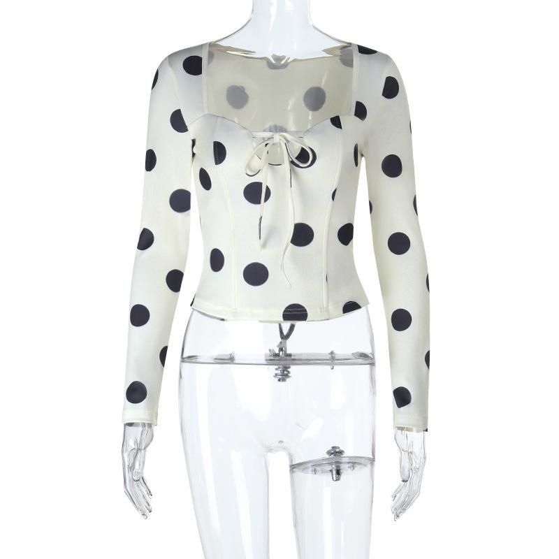 2025 Winter Fashionable Polka Dot Lace-up Slim Long-sleeved Women's T-shirt