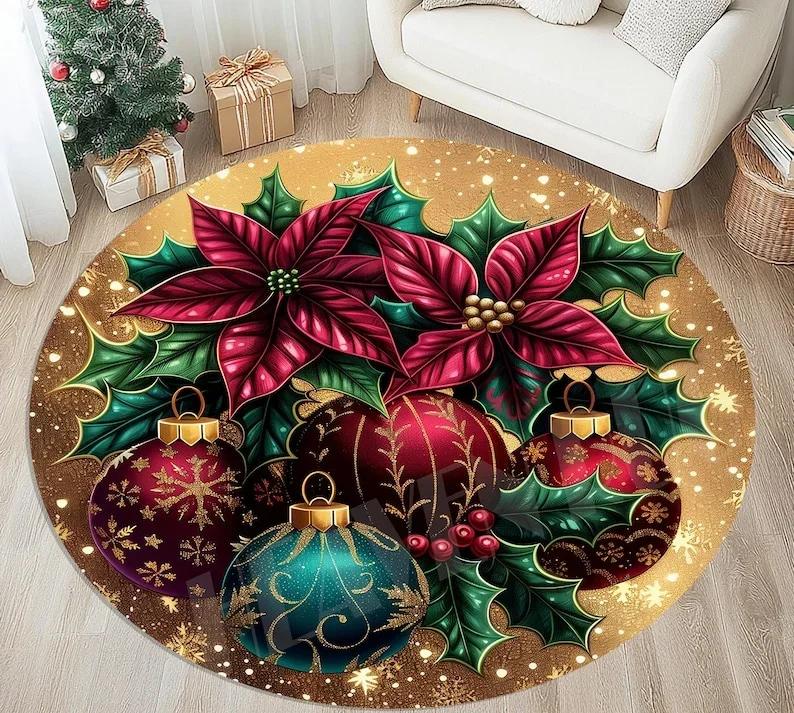 Santa Claus Fireplace Round Rug, Cozy Christmas Scene Carpet for Living Room, Holiday Home Decor Floor Mat, Xmas Gift
