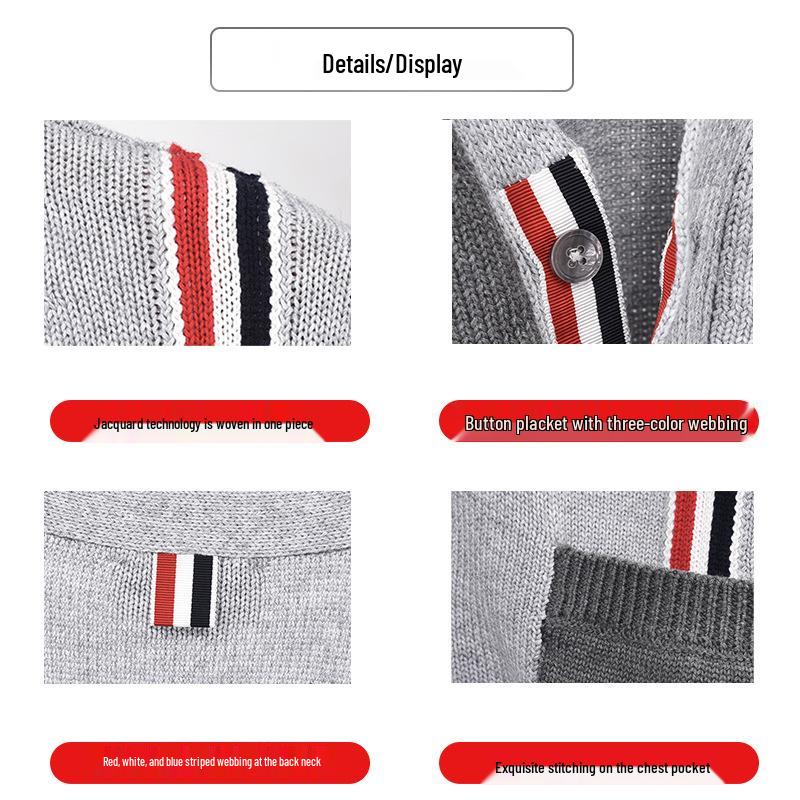 Men's Color Block V-Neck Cardigan Sweater - Korean Style with Four Stripes, Autumn/Winter 2025 Collection