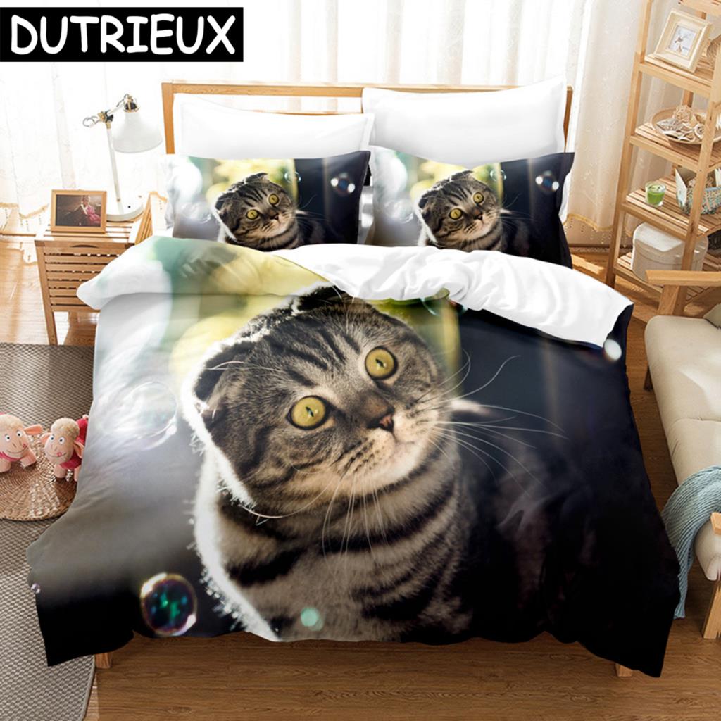3D Cat Bedding Set Scottish Fold Lovely Cats Printed Comforter Duvet Cover Queen King Single Size Home Textile Bedroom Decor
