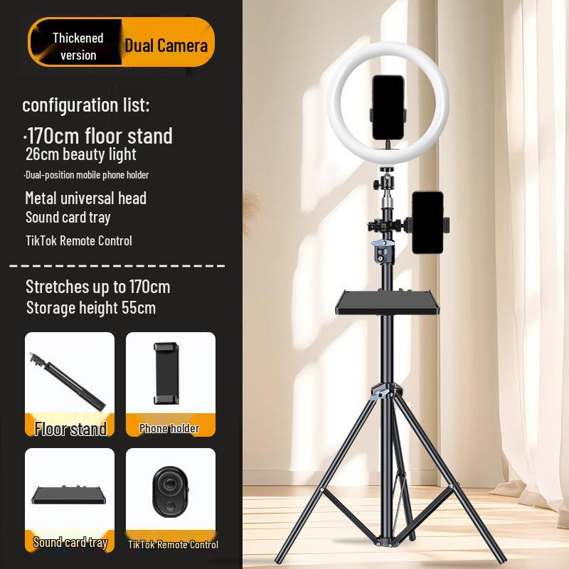 Dual-Position Carbon Steel Phone Stand with Fill Light for Outdoor Streaming