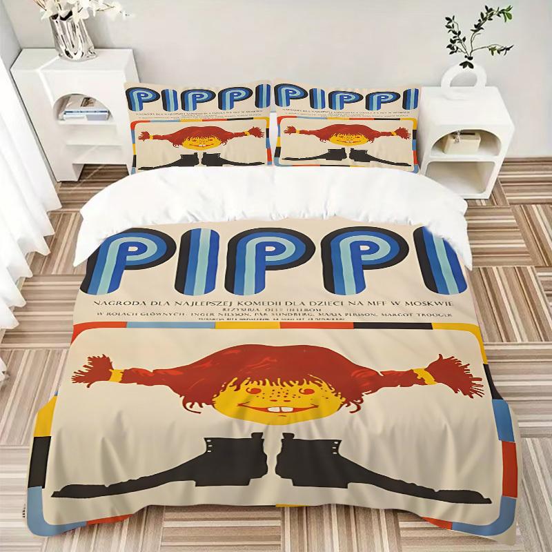 3-teiliges Pippi Langstrumpf Bettwäsche-Set - Maschinenwaschbar, Enthält 1 Bettbezug und 2 Kissenbezüge, Ohne Füllung yy251022234