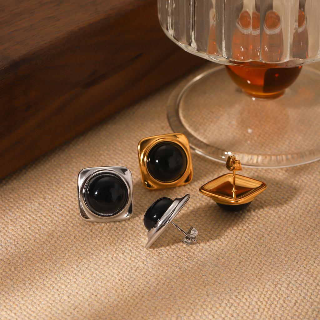 Square stainless steel inlaid obsidian stud earrings, stylish vintage aesthetic, high-end quality, fade-resistant