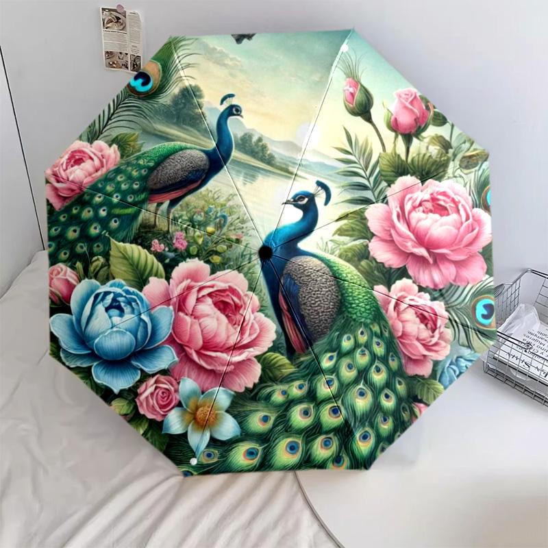 1pc Peacock, feathers pattern Umbrella Portable Folding Umbrella Iron Frame Hole Bone Structure Outdoor Home Umbrella