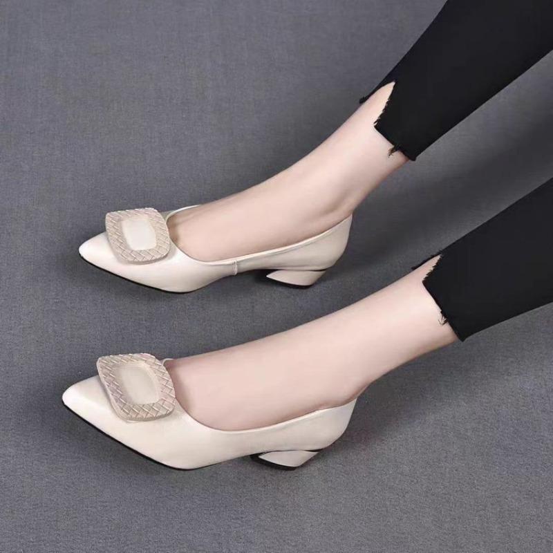 Square Head Buckle Thick Heel Single Shoes Women's Autumn New Versatile Light Mouth Middle Heel Work Four Seasons Shoes Ladyshoes Doudou Shoes
