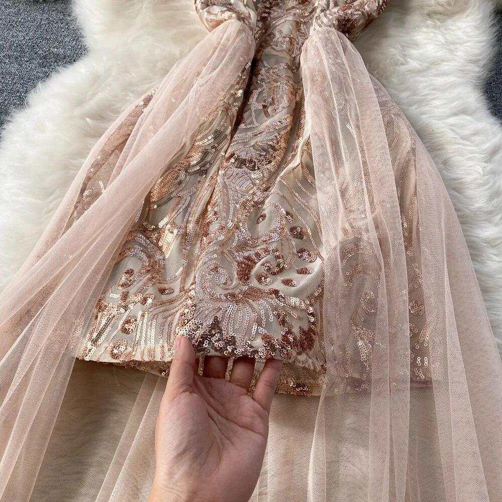 Sexy Sequin Patchwork Mesh Halter Dress Chic Elegant Evening Party Luxury Robe Women High Waist Slim Ceremonial  Dress