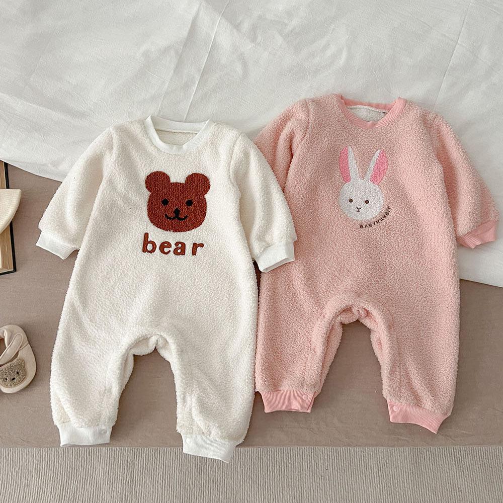 Baby Girls and Boys Cartoon Bear Conjoined Khaki Bunny Plus Velvet Super Cute Warm Long Climbing Suit Winter.