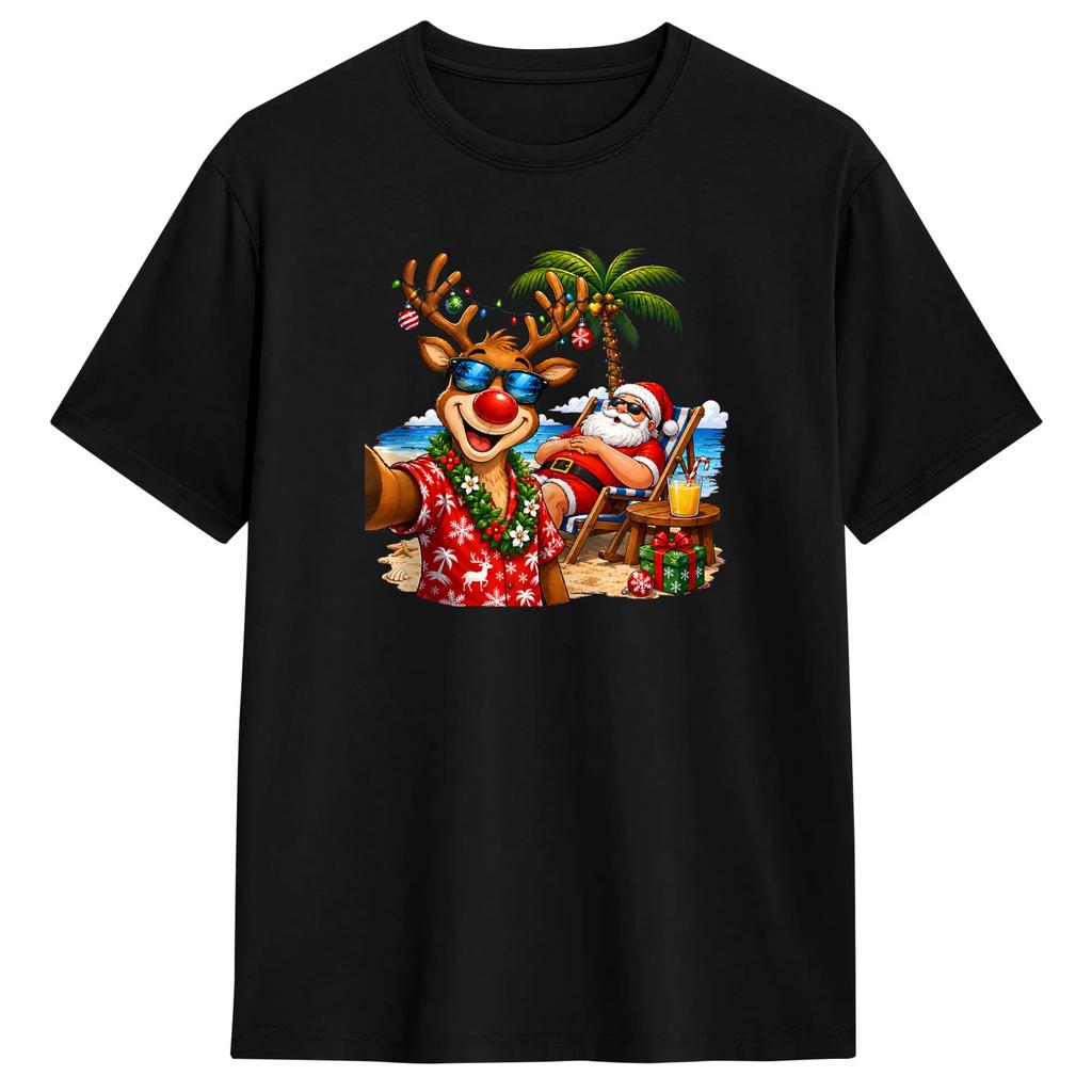 Santa and Reindeer Selfie Funny Beach Christmas in July T-Shirts Leisure Cotton Tees Round Neck Short Sleeve T Shirt Classic