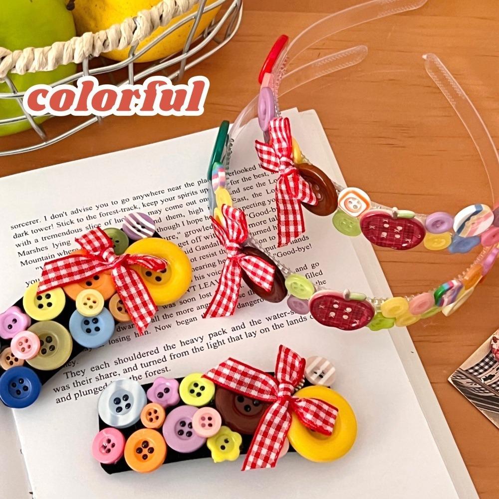 Y2k Coloured Button Headband Dopamine Bow Hair Clip Creative Childishness Hairband  Girls