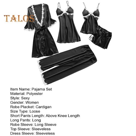 5 Pcs/Set Women Pajamas Suit Nightgown Nightdress Top Shorts Pants Set Silky Satin Lace Patchwork Loose Lace-up Waist Thin Women Homewear Set