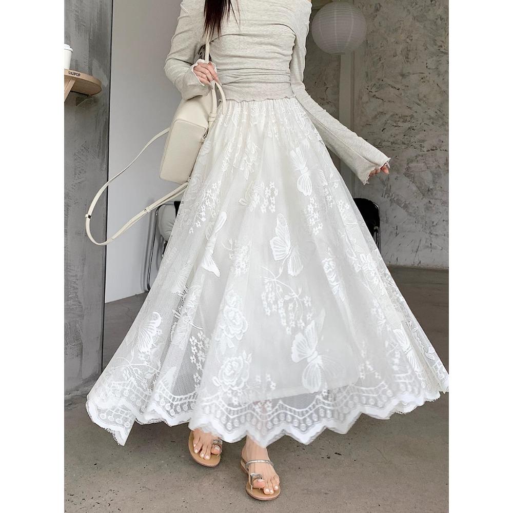 DIMANAF 2025 Summer Women New White Skirts Vintage Elastic Pleated Elegant  Long Skirts Lace High Waist