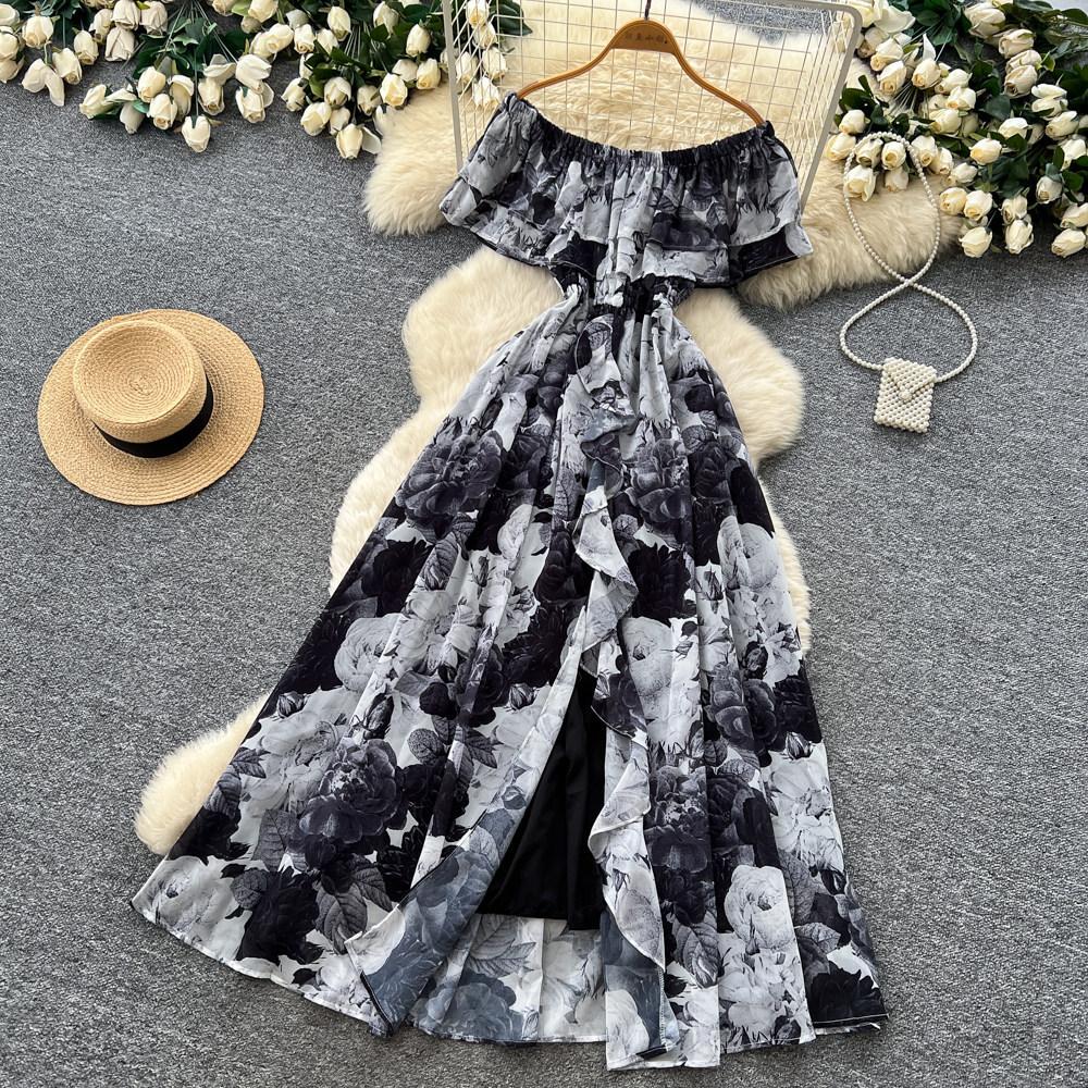 Pure desire wind one-word shoulder ruffle edge floral dress women's summer sleeveless waist thin temperament holiday style long dress