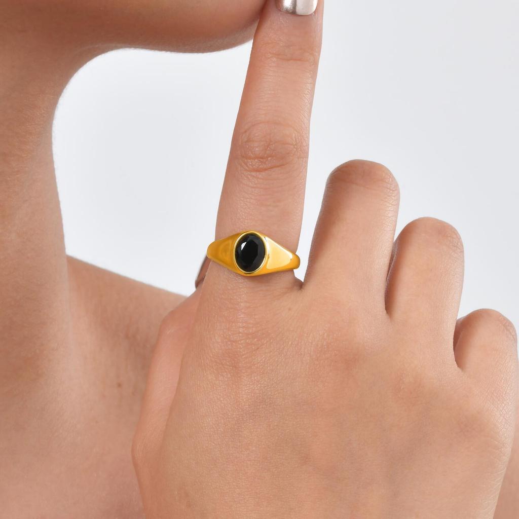 Vnox Minimalist Round Zircon Inlaid Rings For Women Men Stainless Steel Gold Color Elliptical Stone Ring Jewelry Never Lose