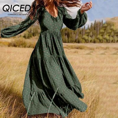 Women's Ruffled Mini Floral Maxi Dress Long Sleeve V-Neck Casual Dresses