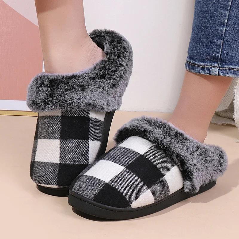 Fashion Thicken Plush Wrap Toe Women's Warm Slippers Winter Home Casual Soft Sole Fuzzy Slides Indoor House Non Slip Cotton Slippers