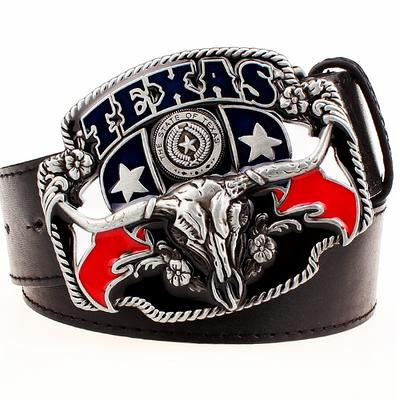 Cinturón de Vaquero del Salvaje Oeste de Texas Hebilla Metálica con Cabeza de Toro Cinturón de Moda para Hombre Orgullo Texano Americano