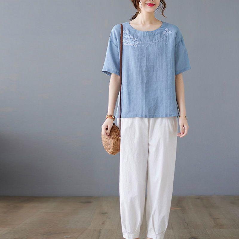 Retro Heavy Industry Embroidered Cotton Linen Short-sleeved Shirt for Women Summer Loose Slim Casual Versatile Linen T-shirt
