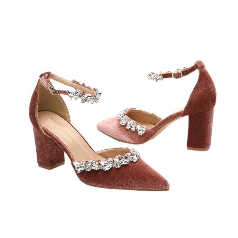 Heel High Heels Pointed Velvet Hollow Rhinestone One-word Buckle Wedding Shoes Bridal Shoes Bridesmaid Shoes Banquet Shoes Women
