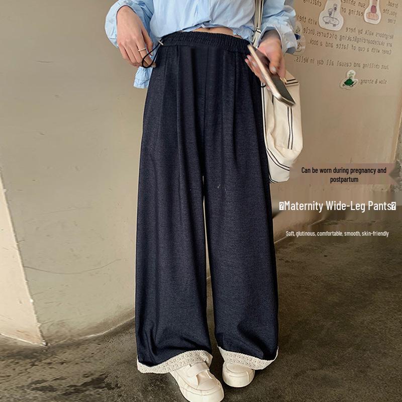 

Vintage Lace Patchwork Maternity Wide-Leg Pants - Spring/Summer, High Waist, Slimming Pear-Shaped Fit, Casual & Versatile L чорний