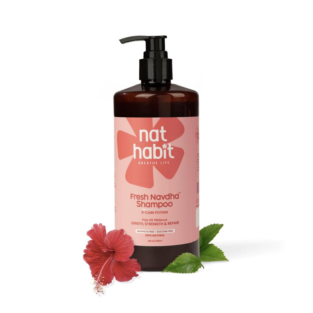 Nat Habit Shampoo all'Ibisco Navdha per la Crescita dei Capelli, Detergente Delicato alla Soia Fermentata per Capelli Lunghi e Folti | Shampoo Naturale con Amla per Donne e Uomini, S