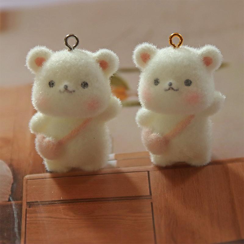 Cartoon Cute 3D Flocking Bear Backpack Keychain For Mobile Phone Earphone Camera Chain Jewelry Making Couple Gifts Ornaments