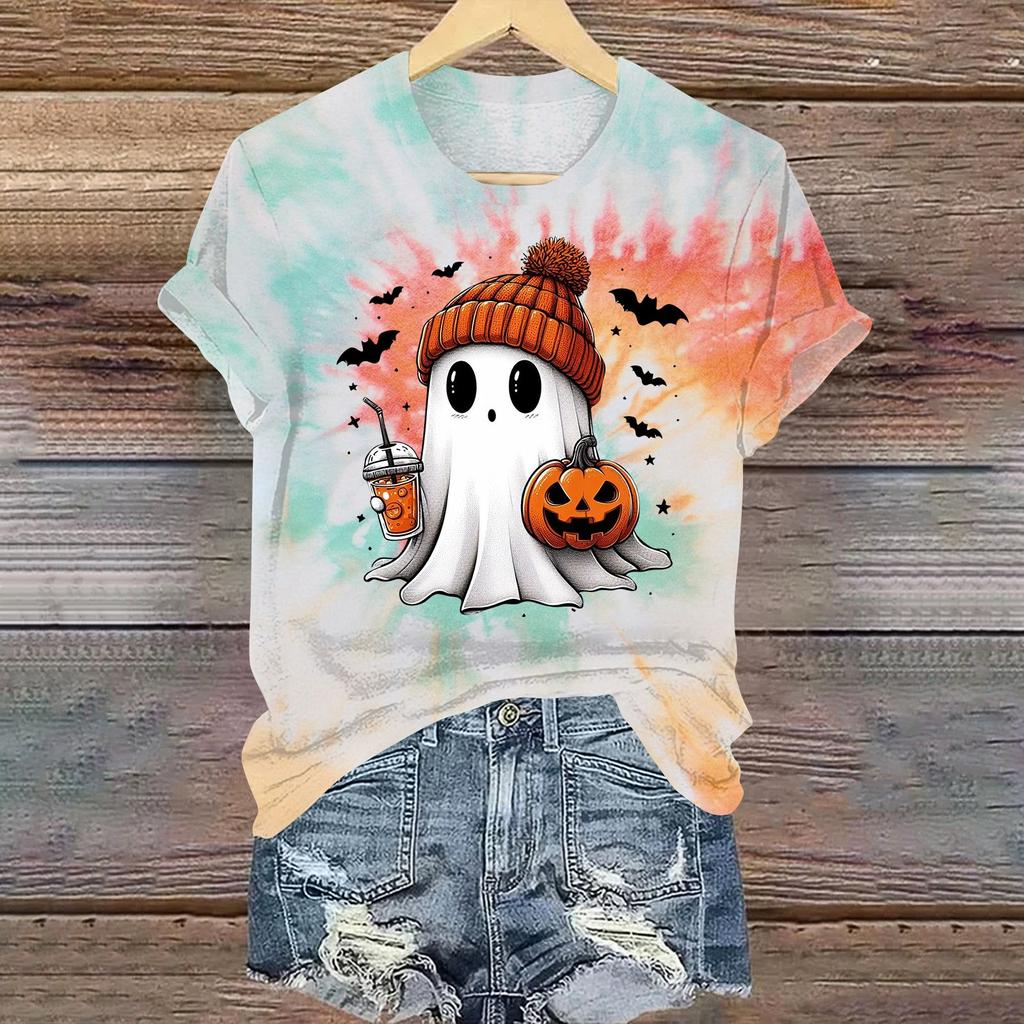Ladies' Casual Halloween Printed Round Neck Short Sleeved T-Shirt