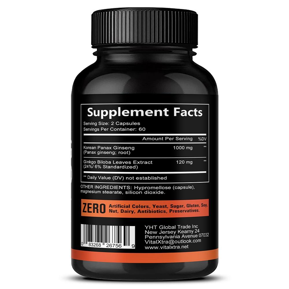 VitalXtra Ginseng + Ginkgo Capsules, Extra Strength, Korean Panax Ginseng Root with Ginkgo Biloba Extract, 120 Caps