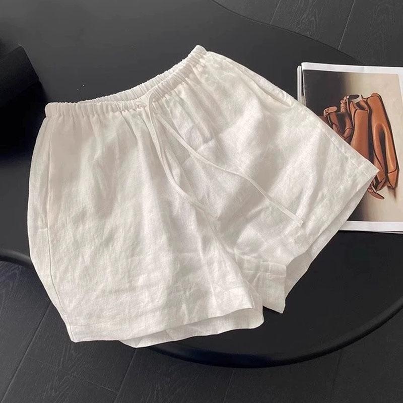 Damen Sommer Leinen Weiße Shorts Lässig Einfarbig Zwei Taschen Hohe Taille Shorts Frau Weich Kühl Locker Baggy Heiß Schnürung Kurze Hosen 2XL weiß