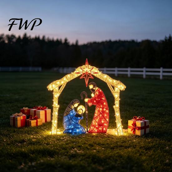 Warm Glowing Christmas Night Decor Lighted Nativity Garden Ornament, Metal Yard Art with Celebration Accent LED Lights, Light-Up Religious Decoration