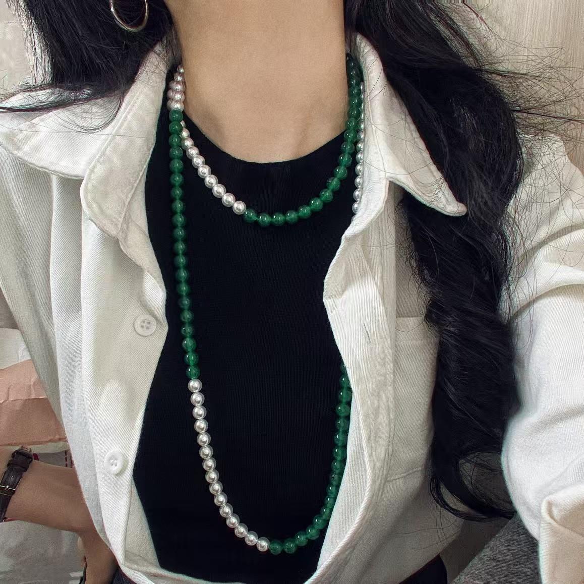 

High Quality Natural Chalcedony Strong Light Artificial Crystal Pearl Necklace Collarbone Chain Sweater Chain
